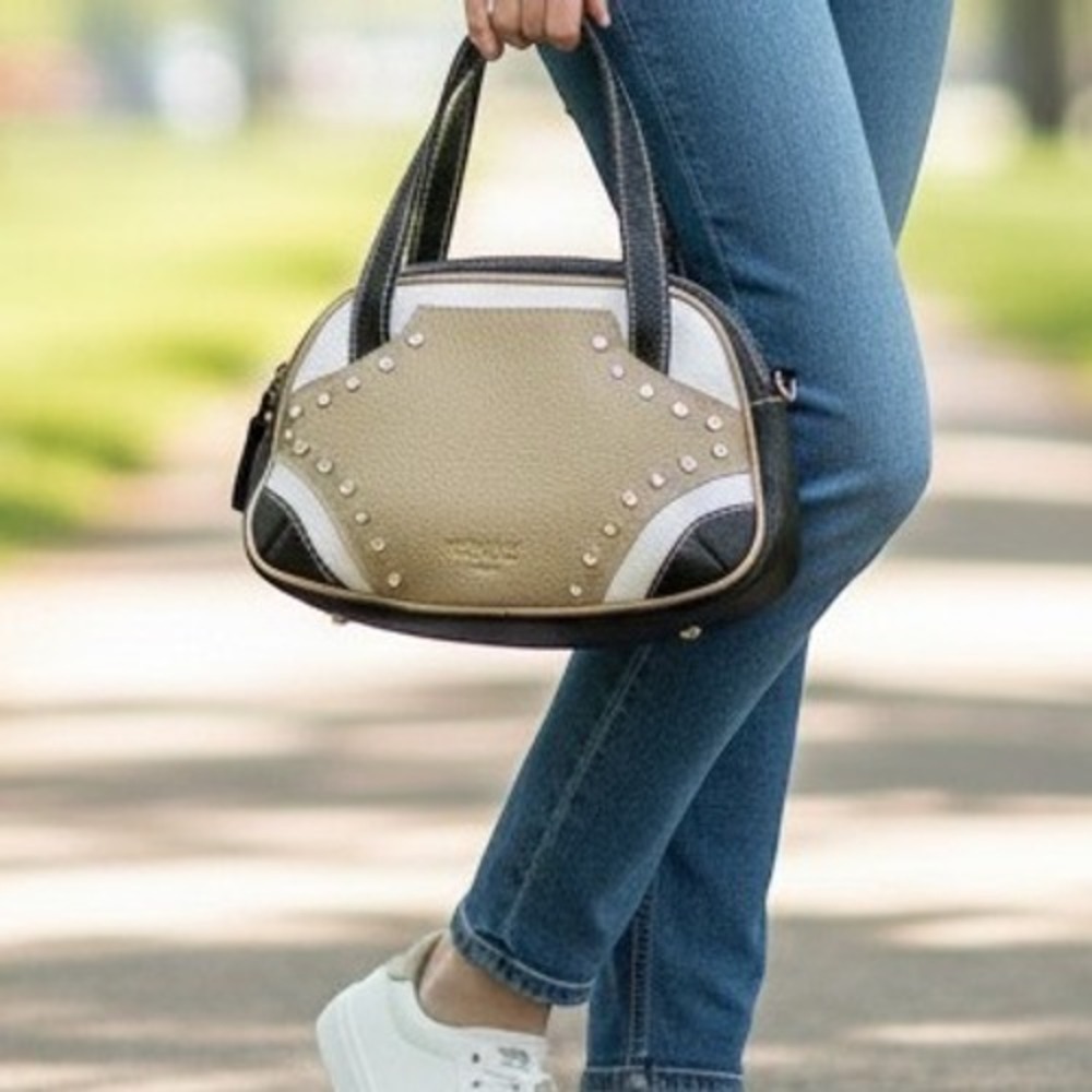 Nobile Roma Italian Leather Mini Satchel Handbag Black White Rhinestone